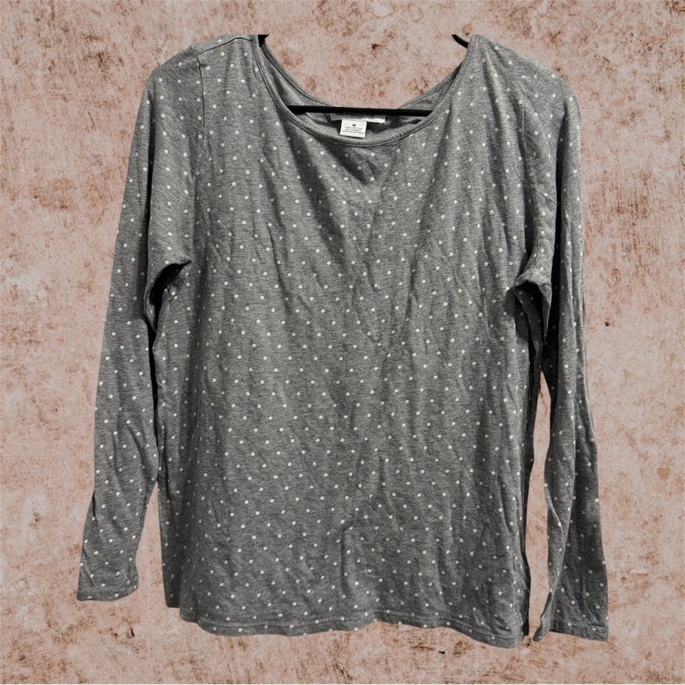 Liz Claiborne Gray Long Sleeve White Polka Dot Tee size M